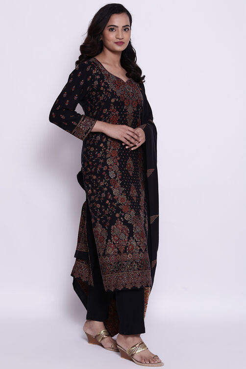 Black Cotton Straight Kurta Regular Pant Suit Set image number 2